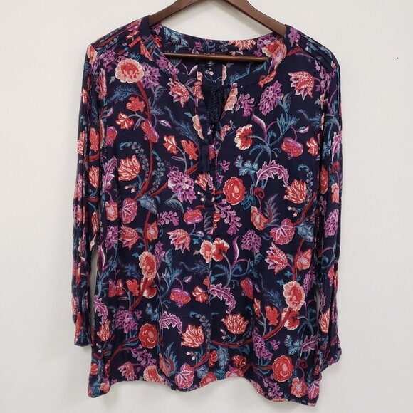Lucky Brand Womens Floral Popover Top Size 2X 3/4 Sleeve Tasseled Boho Festival - Picture 1 of 10